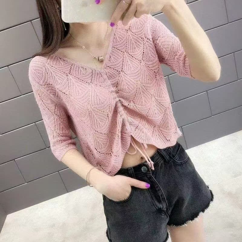 Hollow V Neck Knitwear Women's Summer New Short-Sleeved Pure Color Pullover Short Versatile Drawstring Thin Blouse Top