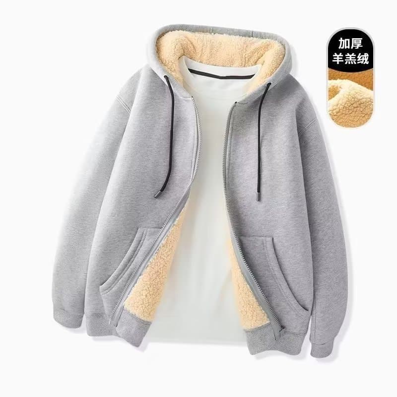 Zipper Sweatshirt Men's 2023 Autumn and Winter New Style Thickeneded and Velvet Loose Korean Style Pure Color Lamb Wool Hooded Jacket Top