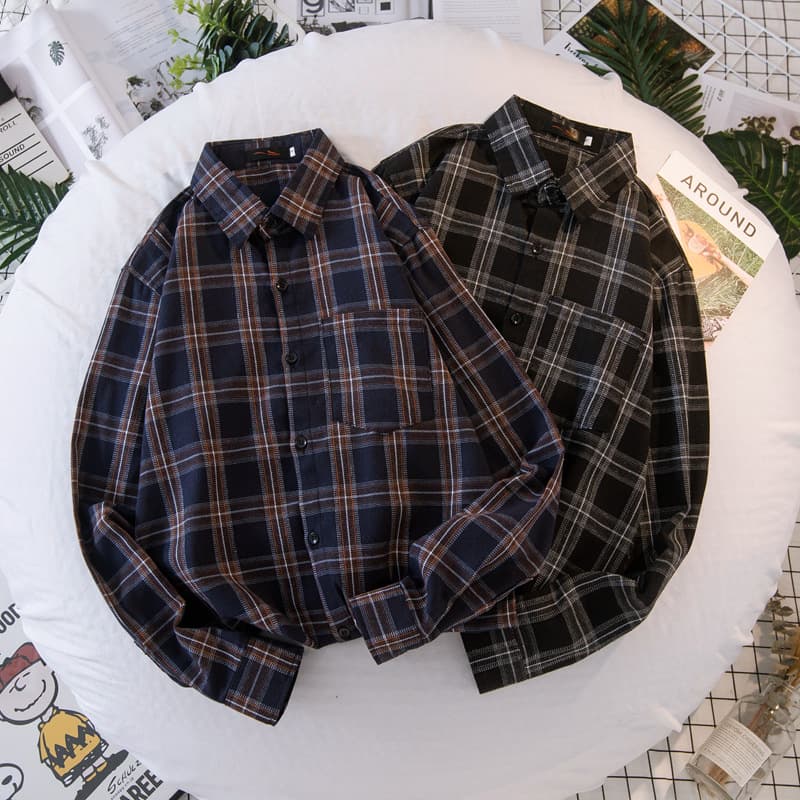 2024 Trendy New Youth Plaid Men's Shirt Regular Versatile Women's Long-Sleeve Loose Student Jacket Wholesale