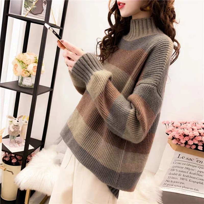 Thickened Half-turtleneck Sweater Women's Pullover 2024 Autumn and Winter New Striped Loose Lazy Style Ins Super Fire Top