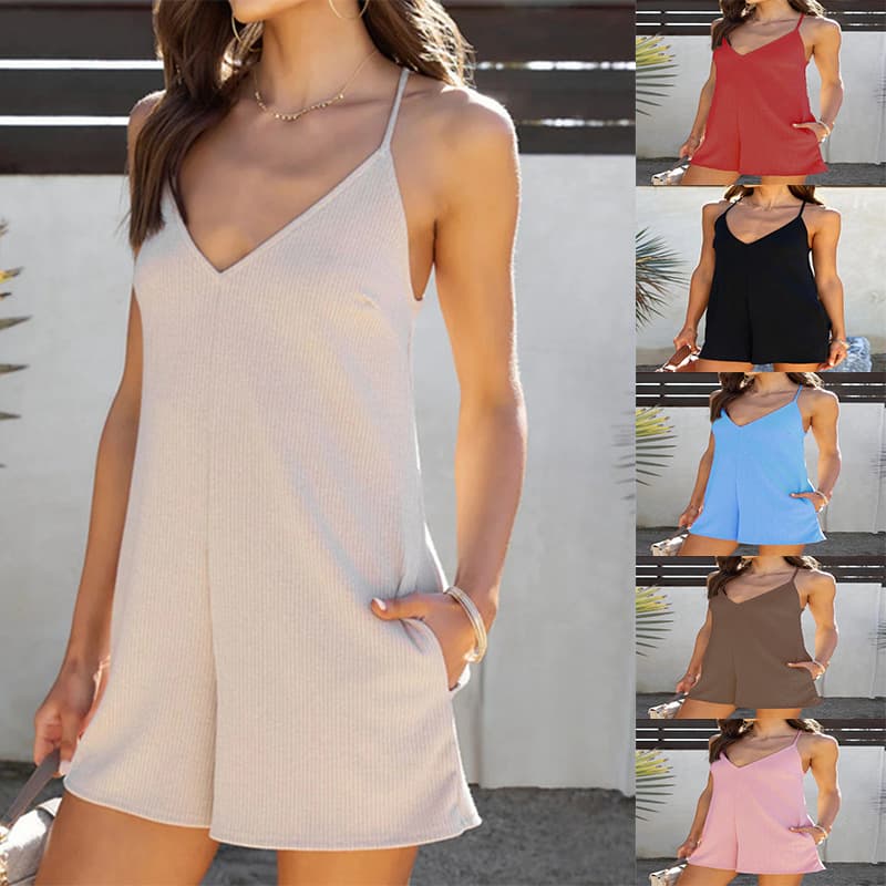 2024 Independent Station Temu European and American Cross-Border Summer New Sling Adjustable Flap Pocket Pants Casual Loose Jumpsuit Shorts