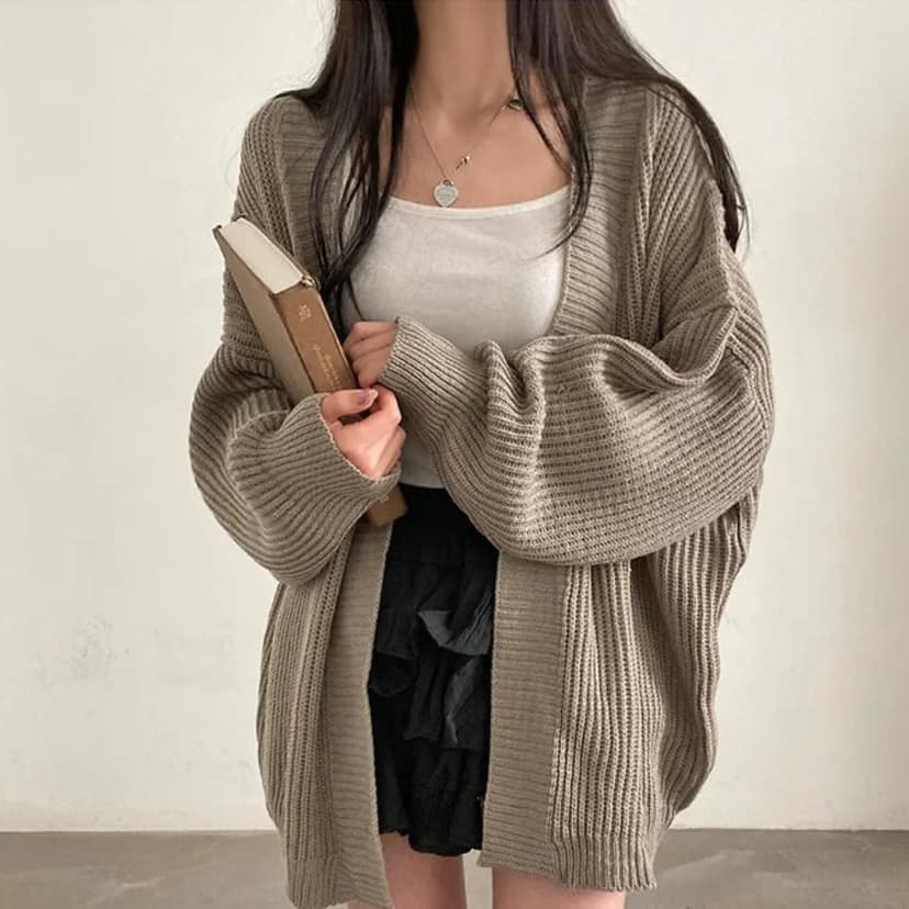 South Korea Chic Autumn and Winter Simple Solid Color Lazy Loose Casual All-match Mid-length Sweater Coat Women's Knitted Cardigan