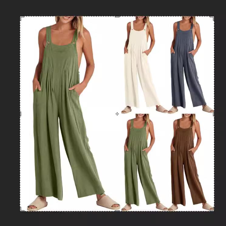2023 Summer New Cross-border Women's Wide-leg Pants Trousers Fashion European and American Style Solid Color Button Suspender Jumpsuit for Women