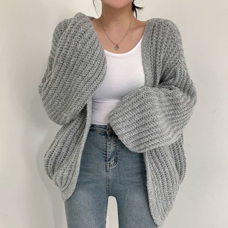 South Korea chic ~ autumn lazy style V-neck versatile loose casual solid color lantern sleeve knitted cardigan sweater coat