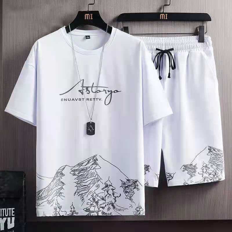 Summer Casual Suit Men's Ultra-Thin Quick-Drying Ice Silk Short-Sleeved T-Shirt Sports 5-Point Shorts Running Two-Piece Set