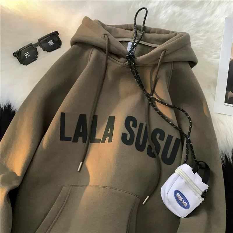 Hooded Sweatshirt Men's Autumn and Winter Velvet Thickeneded Versatile Letter Print American Student Tops Jacket Lala
