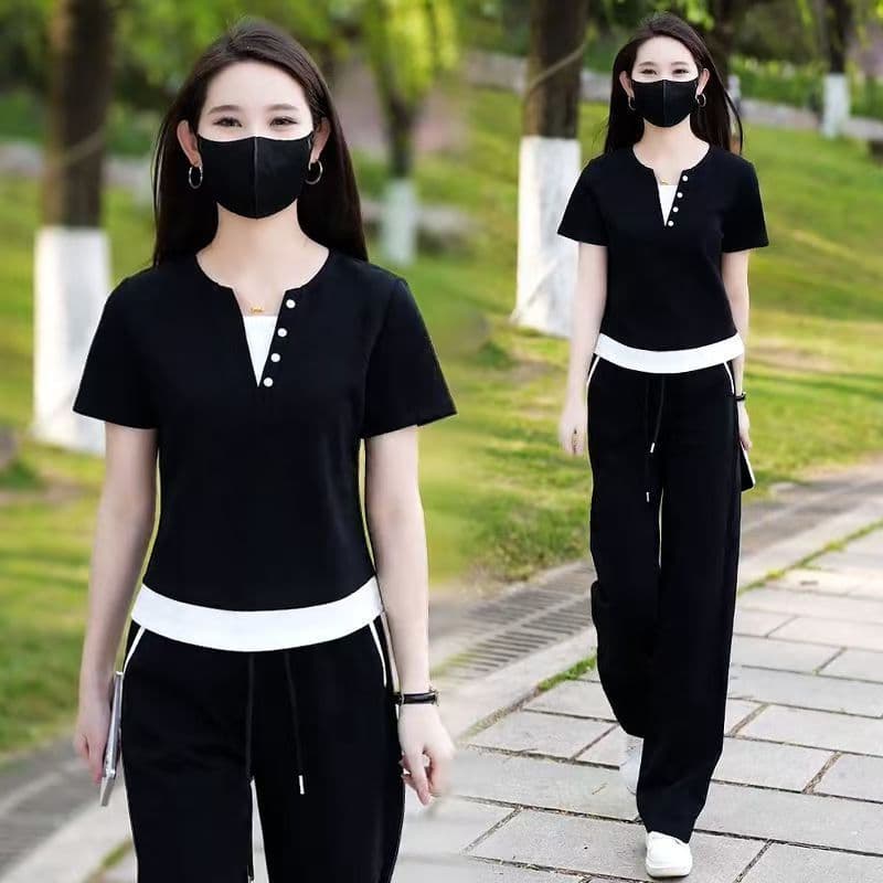 Casual Sportswear Suit 2025 Summer New Fake Two-Piece Top Loose Slimming Look Wide-Leg Pants Two-Piece Set