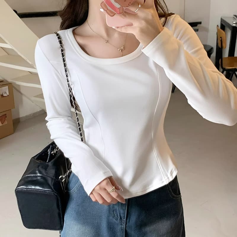 Warm Long-sleeved T-shirt Women's Early Autumn 2025 New Arc-shaped Hem Fleece Slim-fit Inner Base Shirt Short Top