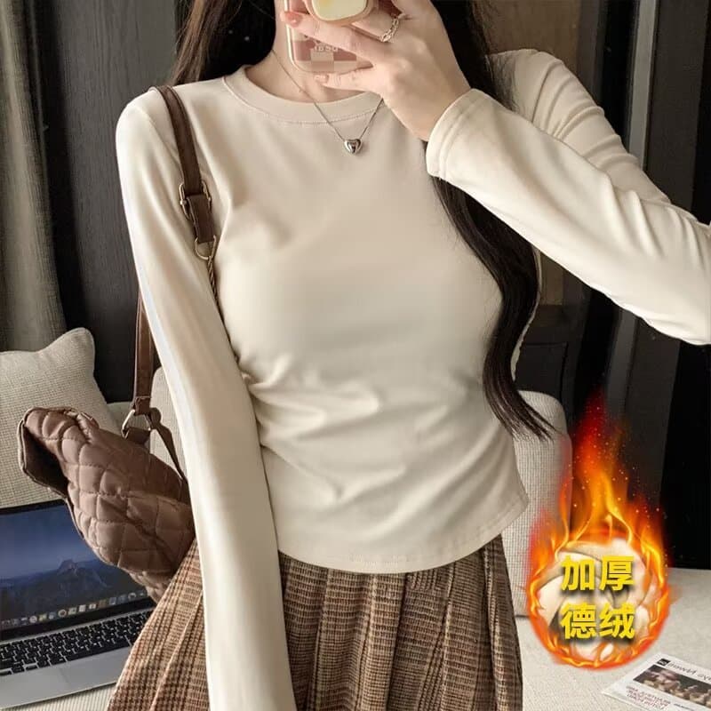 Simple Solid Color Long-sleeved T-shirt Women's Autumn Inner Wearing Outer Wearing Slim-fit Base Shirt Korean-style Short Top for Small Men