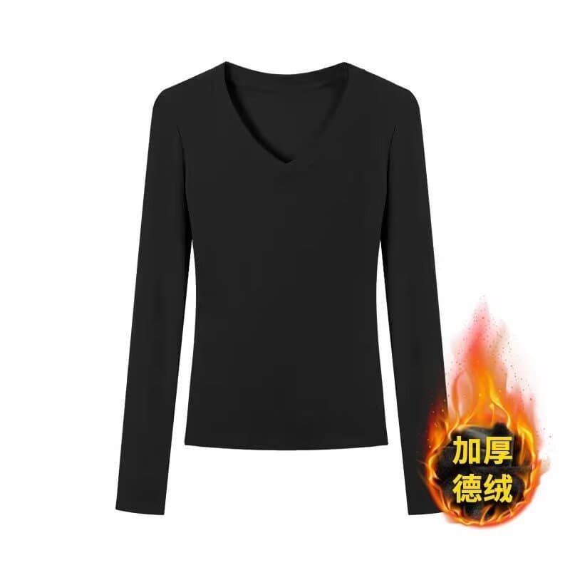 Double-sided Warm Basic V-neck Long-sleeved T-shirt Girl's Autumn and Winter Slim-fit Base Shirt Top plus size Art