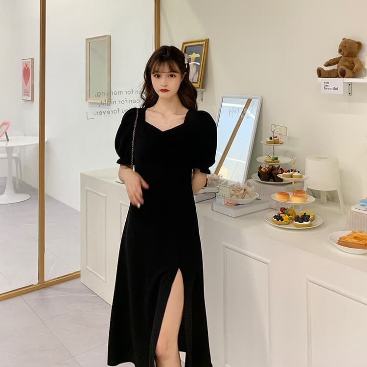 Plus Size Fat Girl Slimming Dress New Summer Temperament Waist Slit French Fairy Skirt Black