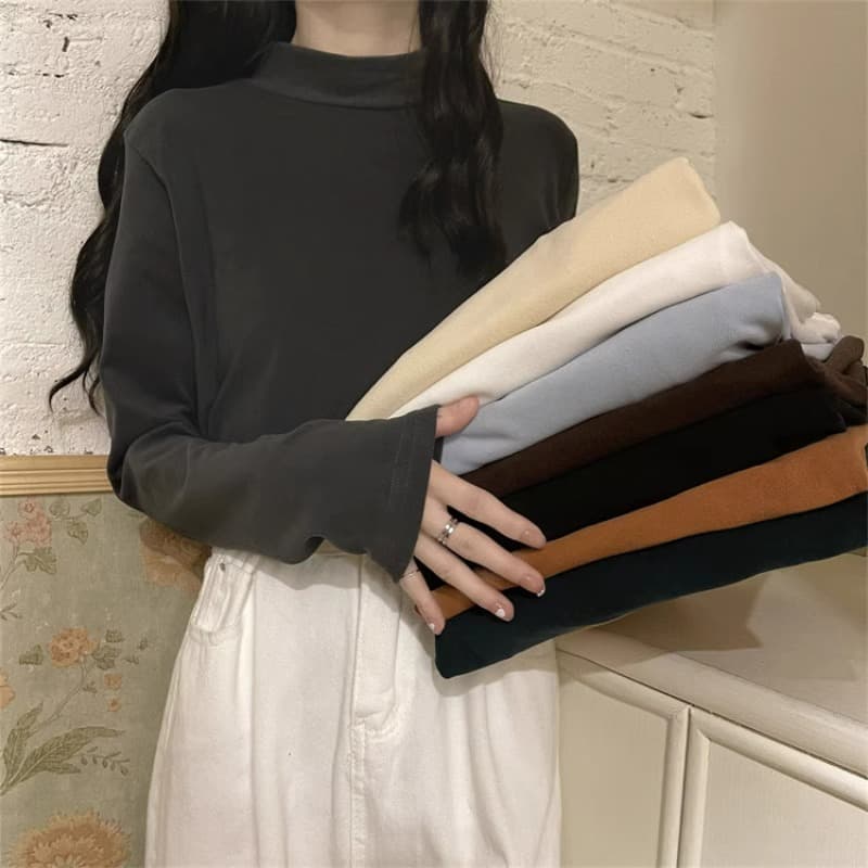 Velvet Slim-fit Warm Half-high Collar Base Shirt Women's fleece-lined Thickened Spring Autumn and Winter Long-sleeved T-shirt Top Trendy