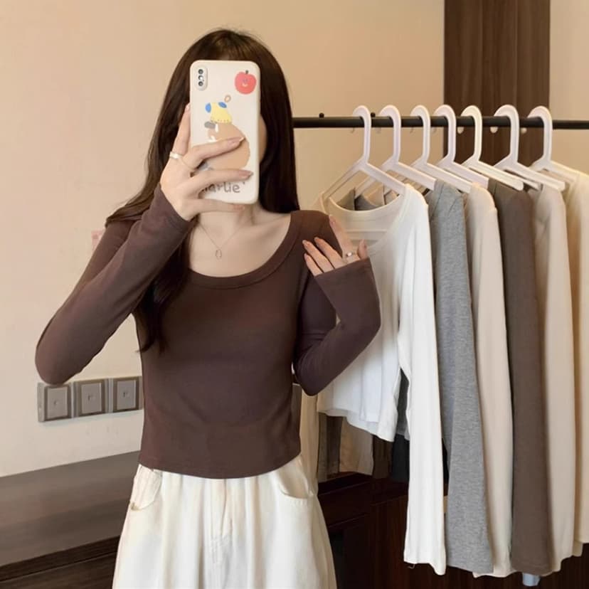 Soft Waxy German Velvet Square Collar Long-sleeved T-shirt Women's Spring Autumn and Winter Inner Base Shirt for Niche Hot Girls Slim-fit Slimming Top for Women