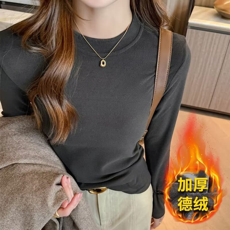 Crewneck Bottoming Shirt Women's 2025 New Long-sleeved Autumn and Winter Western Style Double-sided Fleece fleece-lined Thickened Slim-fit Top