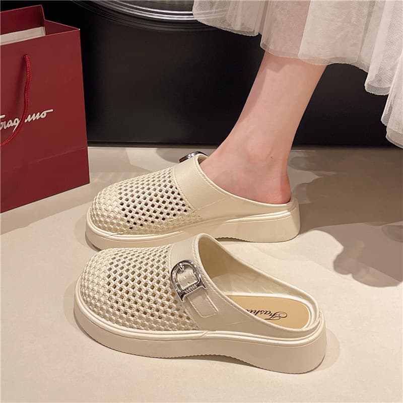 2025 Summer New Retro Fashion Casual Woven Hollow-Out Petite Platform Thick-Soled Closed-Toe Mesh Mules