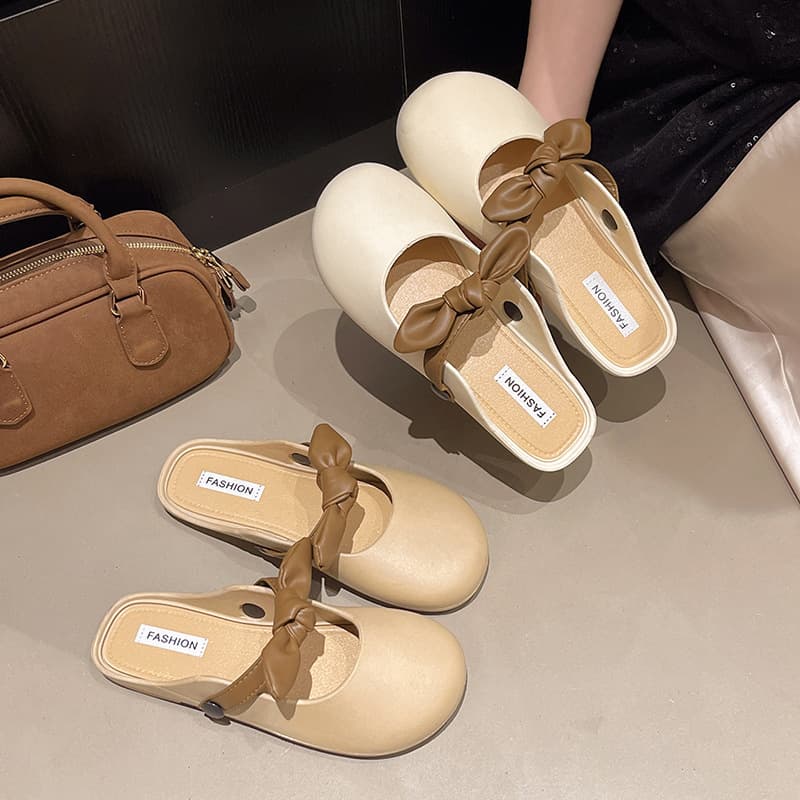 Baotou Half Slippers for Outer Wear Summer Women's Outer Wear New Style 2025 French Gentle Bow Slip-On Lazy Shoes for Women
