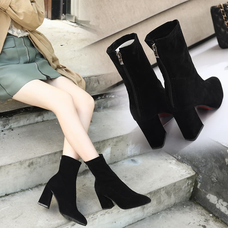 Boots Women's Shoes 2025 New Korean Style Autumn and Winter Mid-Length Pointed Toe Thick Heel Short Boots Women's High Heels Women's Elastic Boots Women